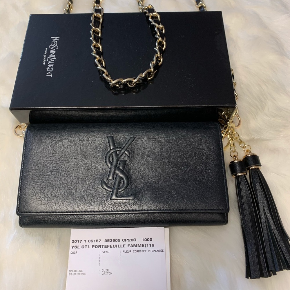 YSL Matte Black Leather Wallet on Chain